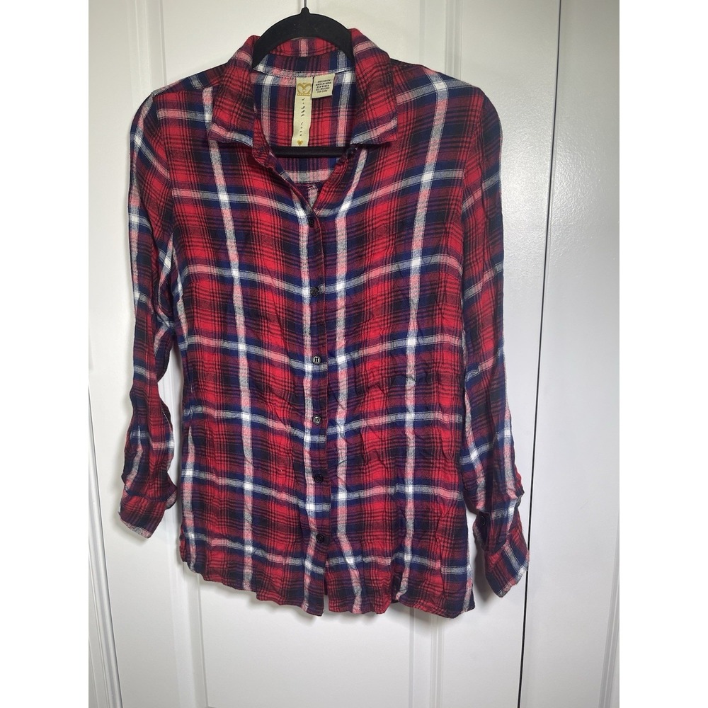 Dizzy Love Red Blue White Flannel Shirt Women's Size Small Long Sleeve
